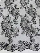 Corded Lace Sequins Fabric - White / Black - Embroidered Fancy Flower and Fish Design Sold By Yard