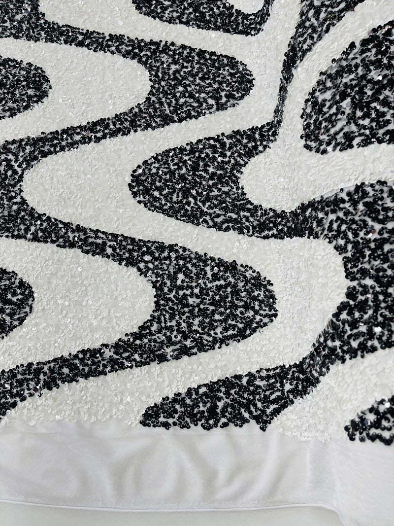 Wavy Line Velvet Sequins - White / Black - Velvet Sequins 2 Way Stretch Fabric 58/60” By Yard