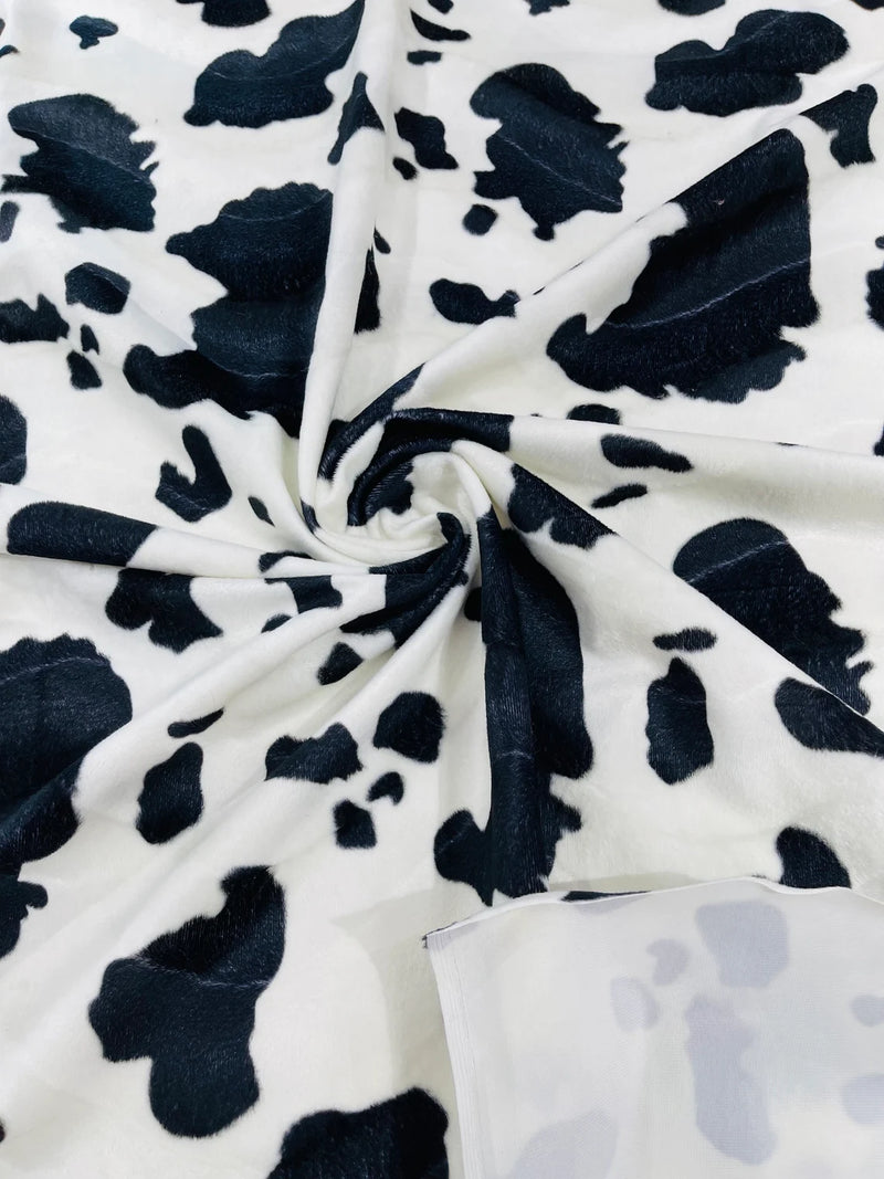 Cow Velboa Faux Fur Fabric - White / Black - Cow Animal Print Velboa Fabric Sold By The Yard