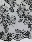 Corded Lace Sequins Fabric - White / Black - Embroidered Fancy Flower and Fish Design Sold By Yard