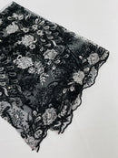 Corded Lace Sequins Fabric - White / Black - Embroidered Fancy Flower and Fish Design Sold By Yard