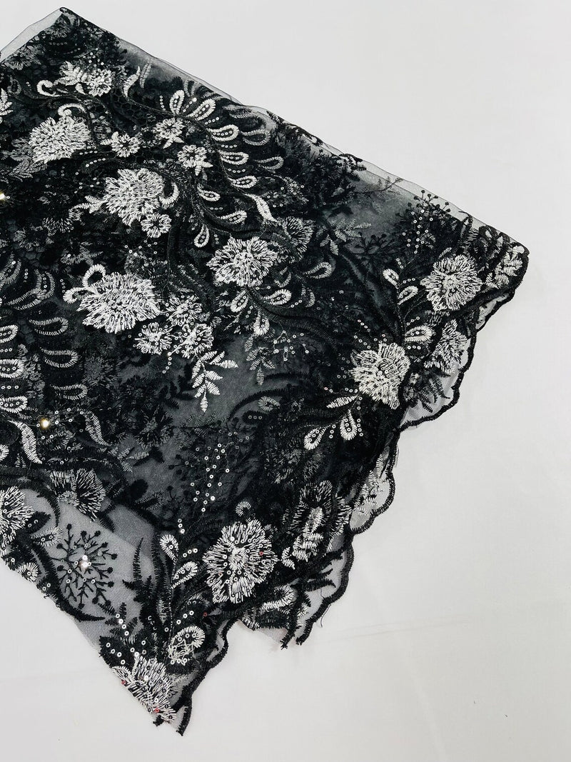 Cali Fabrics Black Floral Designer Embroidered Lace Fabric by the Yard