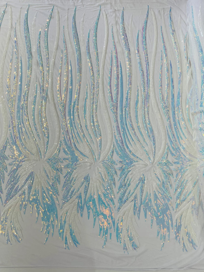 Phoenix Wing Sequins - White / Blue Iridescent - 4 Way Stretch Wings Pattern Design Fabric By Yard