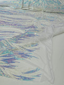 Phoenix Wing Sequins - White / Blue Iridescent - 4 Way Stretch Wings Pattern Design Fabric By Yard