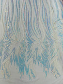 Phoenix Wing Sequins - White / Blue Iridescent - 4 Way Stretch Wings Pattern Design Fabric By Yard