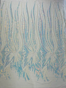 Phoenix Wing Sequins - White / Blue Iridescent - 4 Way Stretch Wings Pattern Design Fabric By Yard