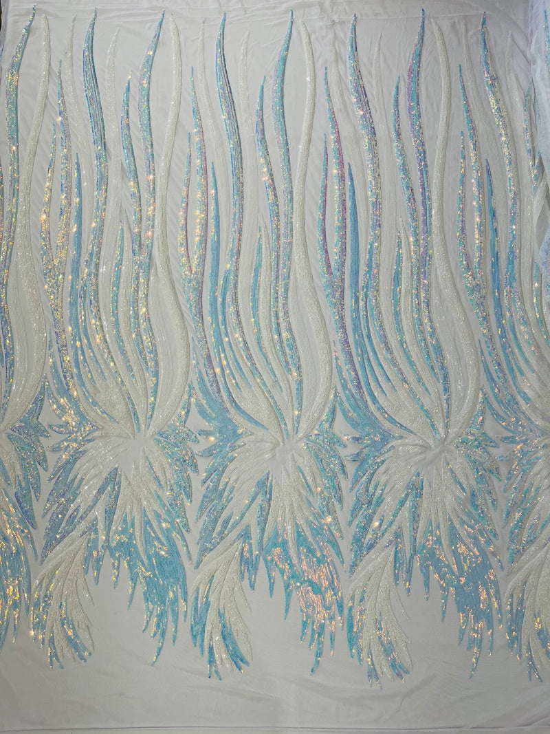 Phoenix Wing Sequins - White / Blue Iridescent - 4 Way Stretch Wings Pattern Design Fabric By Yard
