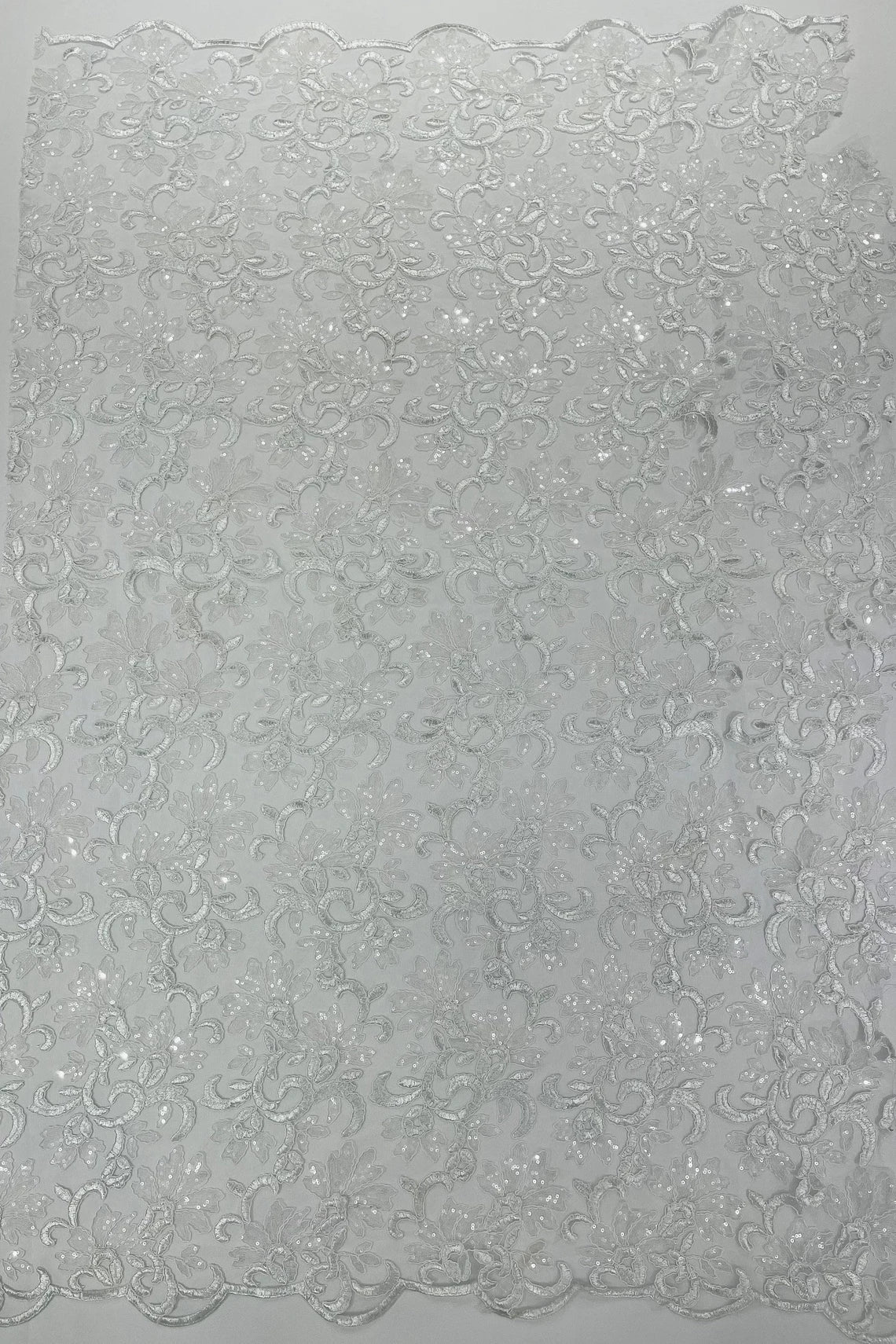 Metallic Sequins Design - White / Clear - Embroidered Metallic Thread Leaf Pattern Sequins Fabric By Yard