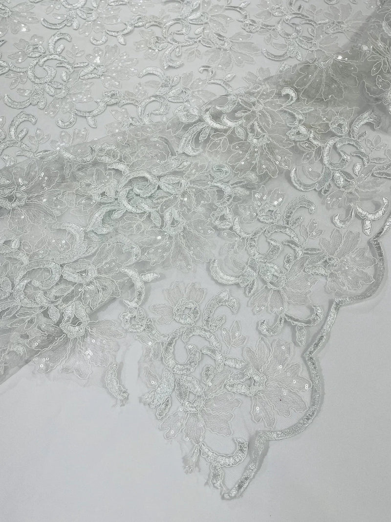 Metallic Sequins Design - White / Clear - Embroidered Metallic Thread Leaf Pattern Sequins Fabric By Yard