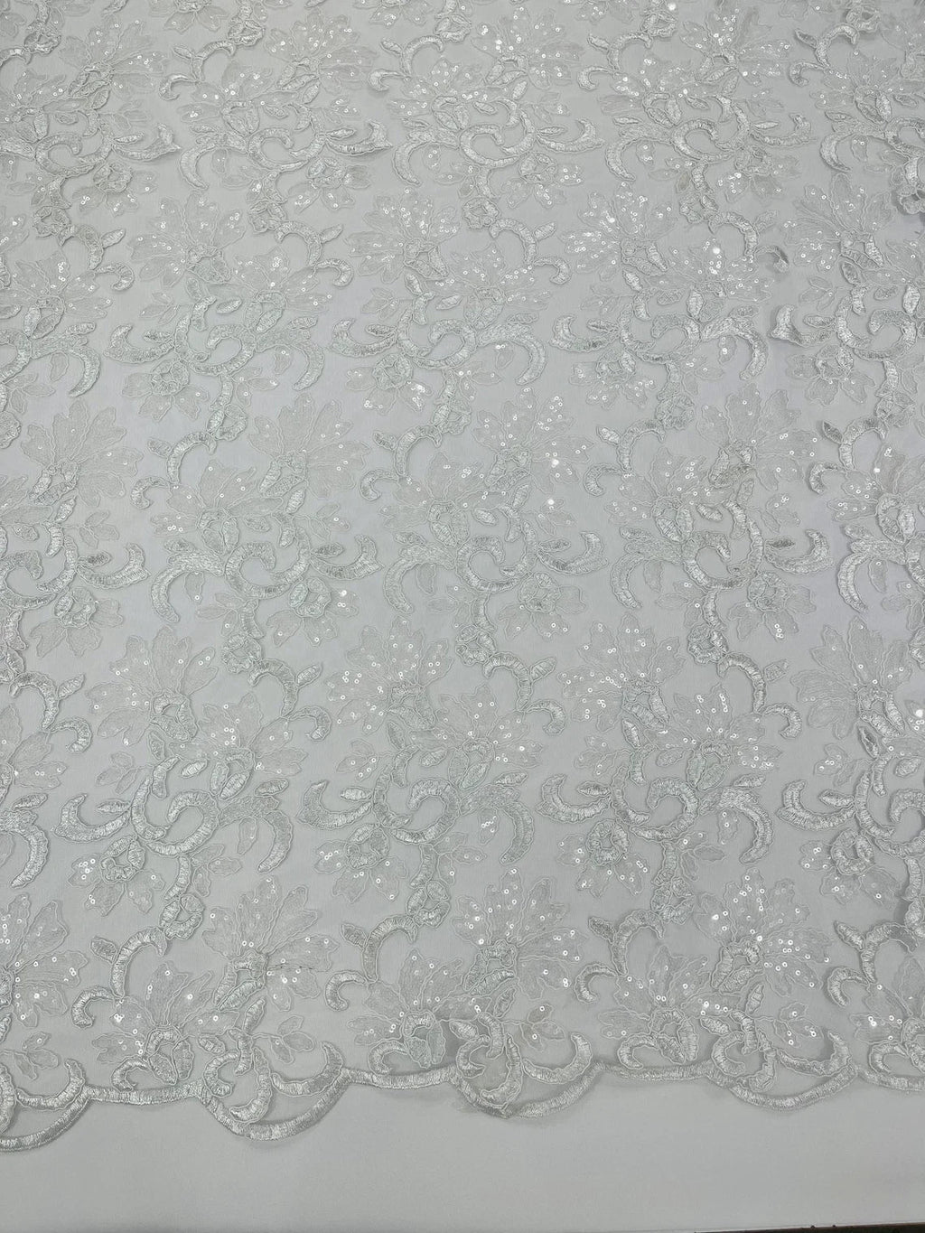 Metallic Sequins Design - White / Clear - Embroidered Metallic Thread Leaf Pattern Sequins Fabric By Yard