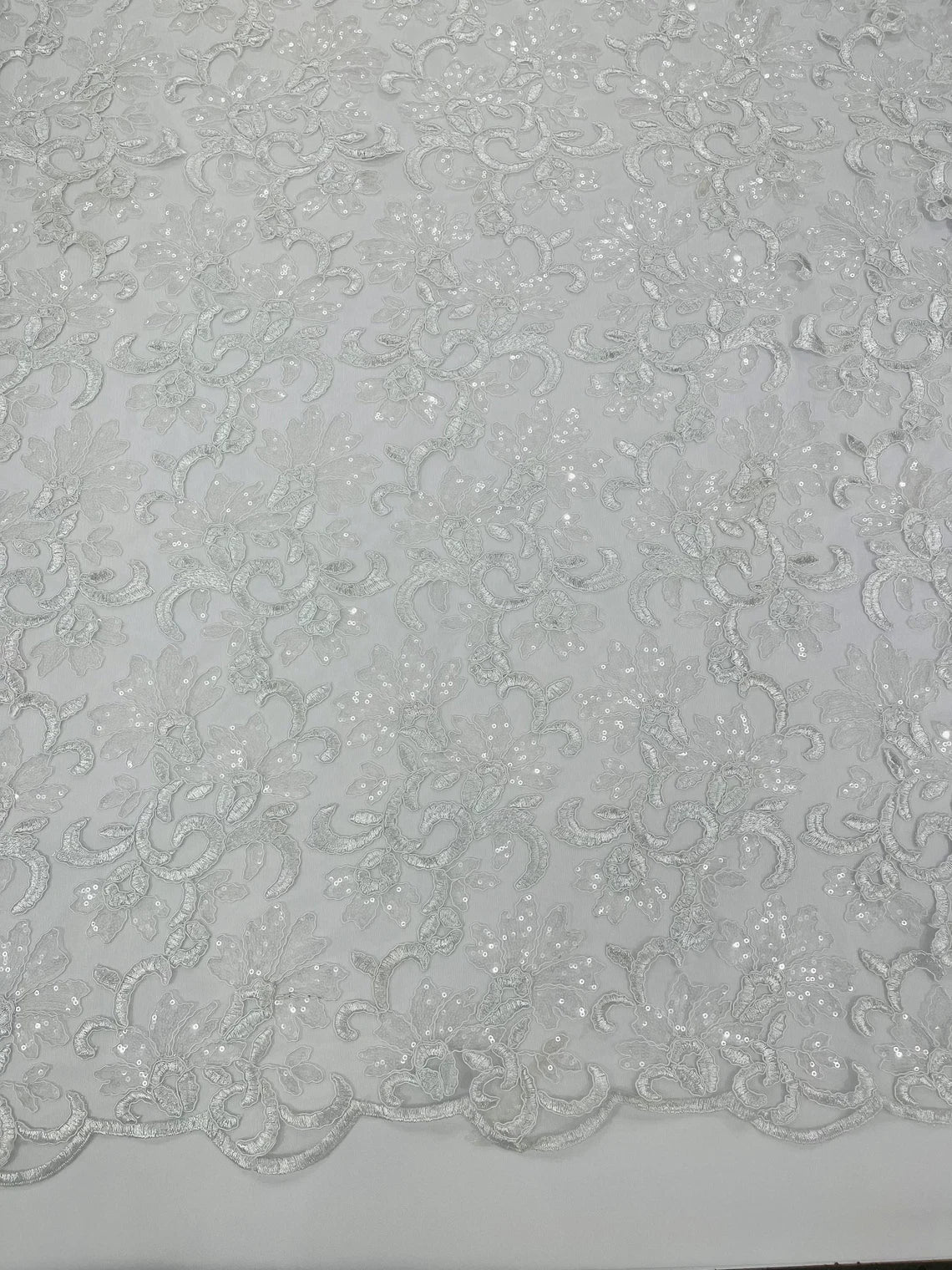 Metallic Sequins Design - White / Clear - Embroidered Metallic Thread Leaf Pattern Sequins Fabric By Yard