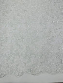 Metallic Sequins Design - White / Clear - Embroidered Metallic Thread Leaf Pattern Sequins Fabric By Yard