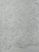 Metallic Sequins Design - White / Clear - Embroidered Metallic Thread Leaf Pattern Sequins Fabric By Yard