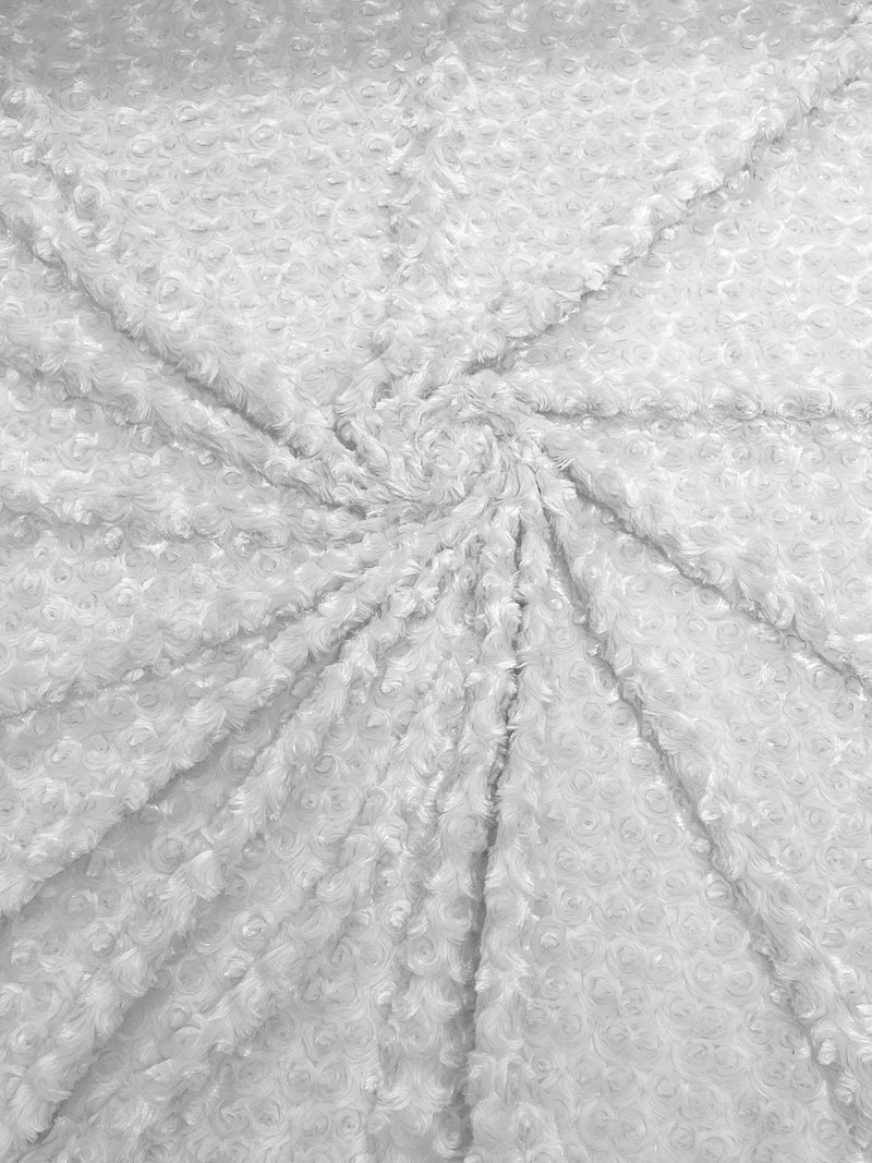 58" Minky Swirl Rose Fabric - White - Soft Rosebud Plush Fur Fabric Sold By The Yard