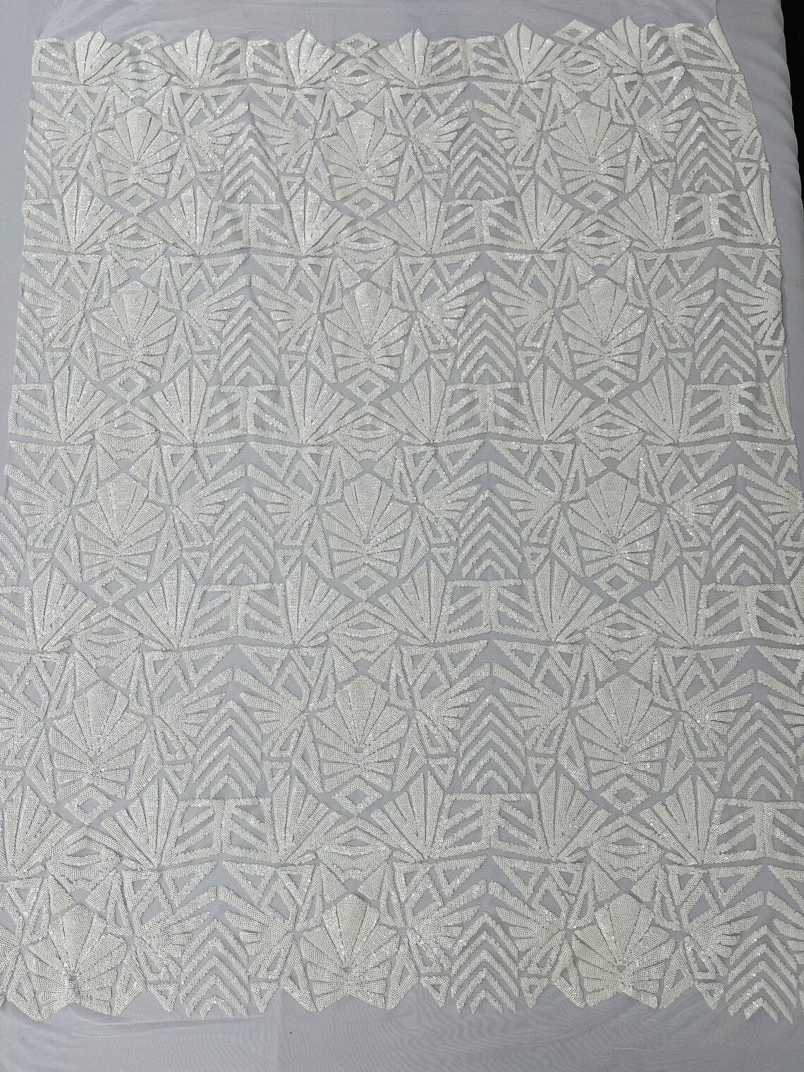 Geometric Fashion Design Sequin - White - Fancy Sequins Design on Mesh By Yard