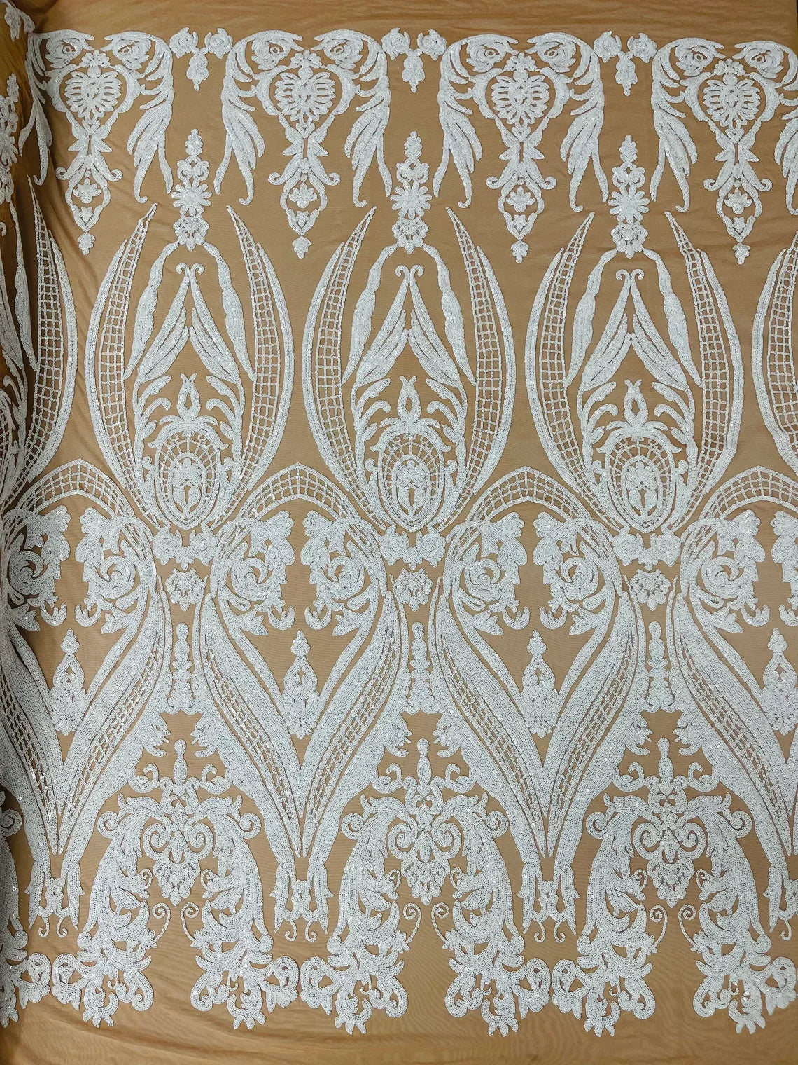 Big Damask Sequins Fabric - White on Dark Nude- 4 Way Stretch Damask Sequins Design Fabric By Yard