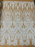 Big Damask Sequins Fabric - White on Dark Nude- 4 Way Stretch Damask Sequins Design Fabric By Yard