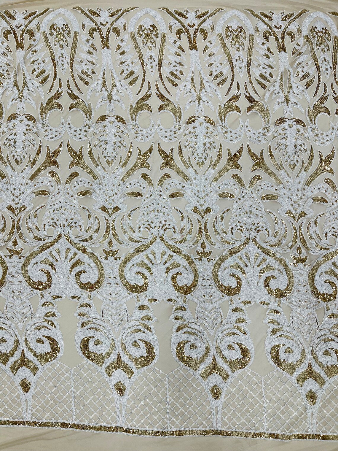 Open Heart Damask Design - White / Gold - 4 Way Stretch Sequins Embroidered Fabric By Yard