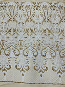 Open Heart Damask Design - White / Gold - 4 Way Stretch Sequins Embroidered Fabric By Yard
