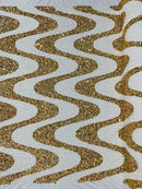 Wavy Line Velvet Sequins - White / Gold - Velvet Sequins 2 Way Stretch Fabric 58/60” By Yard