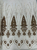 Damask Palm Leaf Design - White / Gold - 4 Way Stretch Sequin Fabric on Mesh Sold By Yard