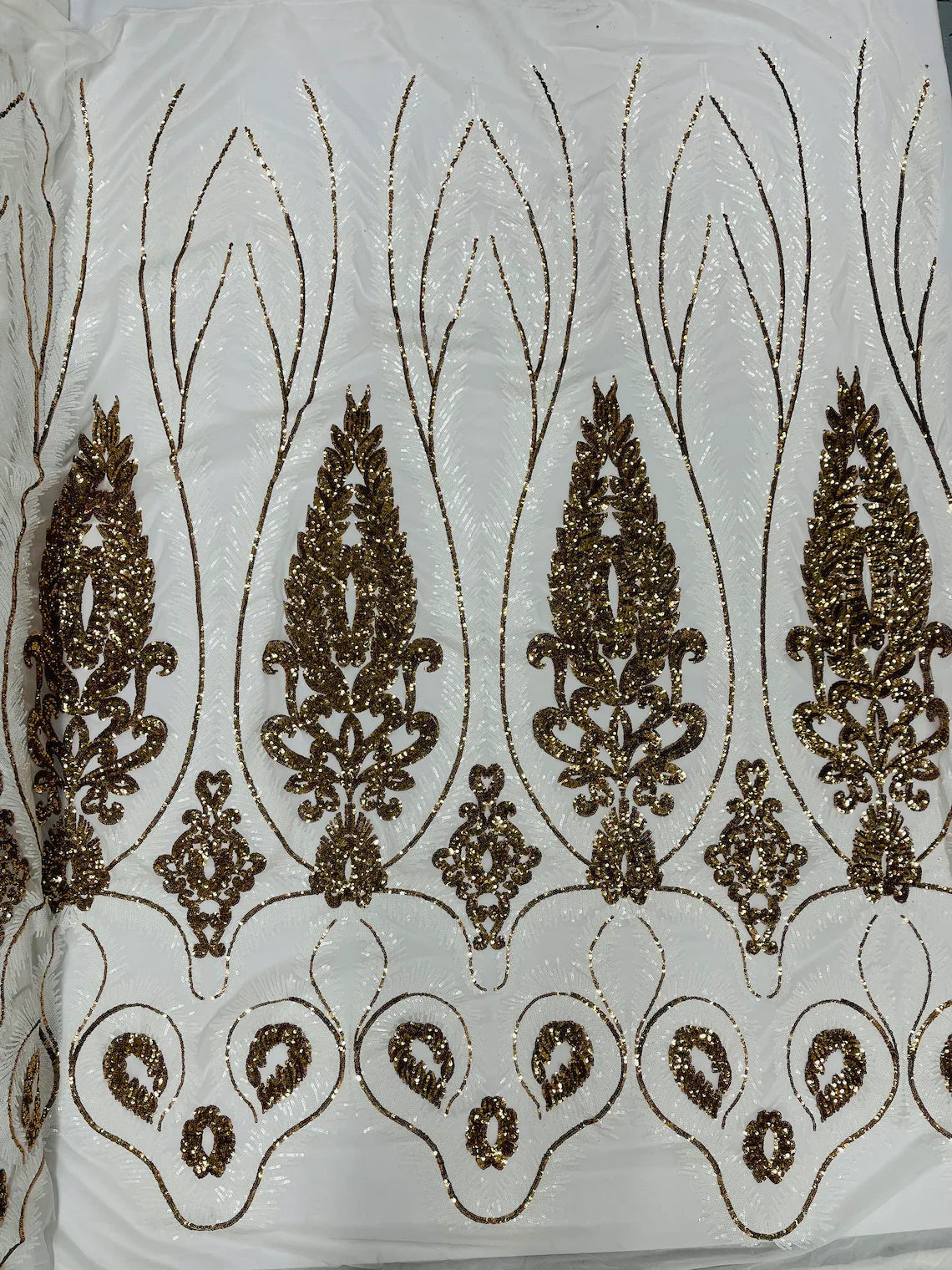 Damask Palm Leaf Design - White / Gold - 4 Way Stretch Sequin Fabric on Mesh Sold By Yard