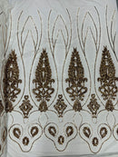Damask Palm Leaf Design - White / Gold - 4 Way Stretch Sequin Fabric on Mesh Sold By Yard