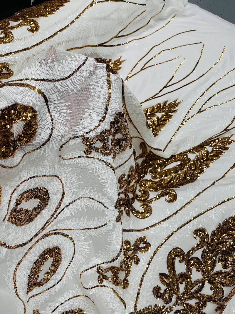 Damask Palm Leaf Design - White / Gold - 4 Way Stretch Sequin Fabric on Mesh Sold By Yard