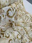 Open Heart Damask Design - White / Gold - 4 Way Stretch Sequins Embroidered Fabric By Yard