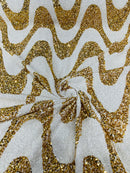 Wavy Line Velvet Sequins - White / Gold - Velvet Sequins 2 Way Stretch Fabric 58/60” By Yard