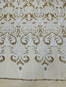Open Heart Damask Design - White / Gold - 4 Way Stretch Sequins Embroidered Fabric By Yard