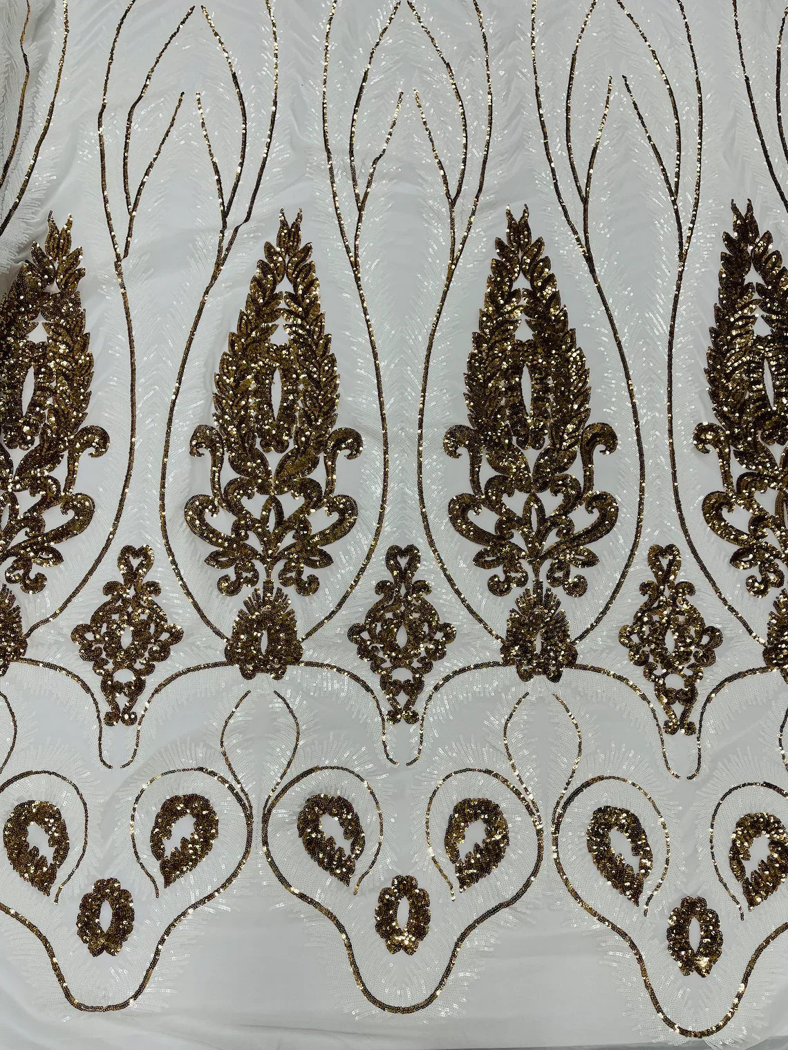 Damask Palm Leaf Design - White / Gold - 4 Way Stretch Sequin Fabric on Mesh Sold By Yard