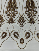 Damask Palm Leaf Design - White / Gold - 4 Way Stretch Sequin Fabric on Mesh Sold By Yard