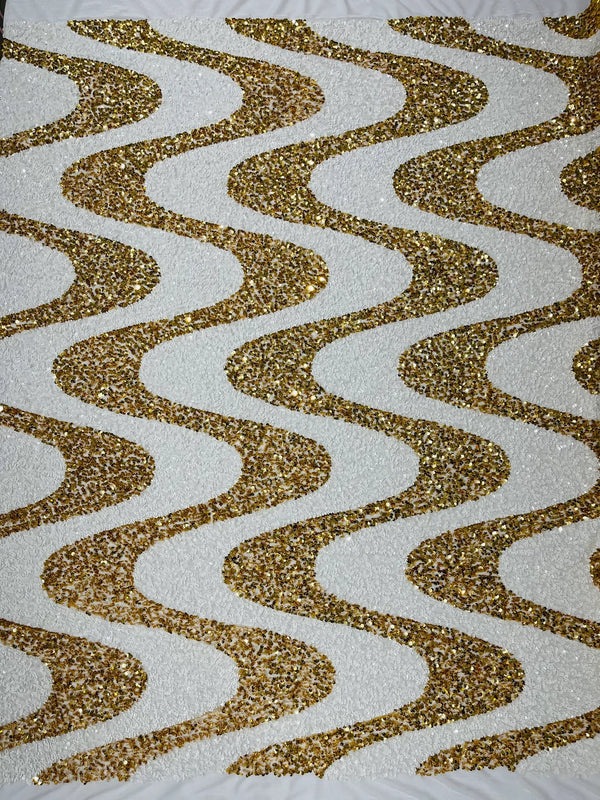 Wavy Line Velvet Sequins - White / Gold - Velvet Sequins 2 Way Stretch Fabric 58/60” By Yard