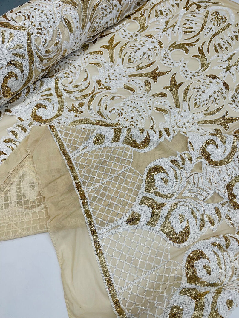 Open Heart Damask Design - White / Gold - 4 Way Stretch Sequins Embroidered Fabric By Yard