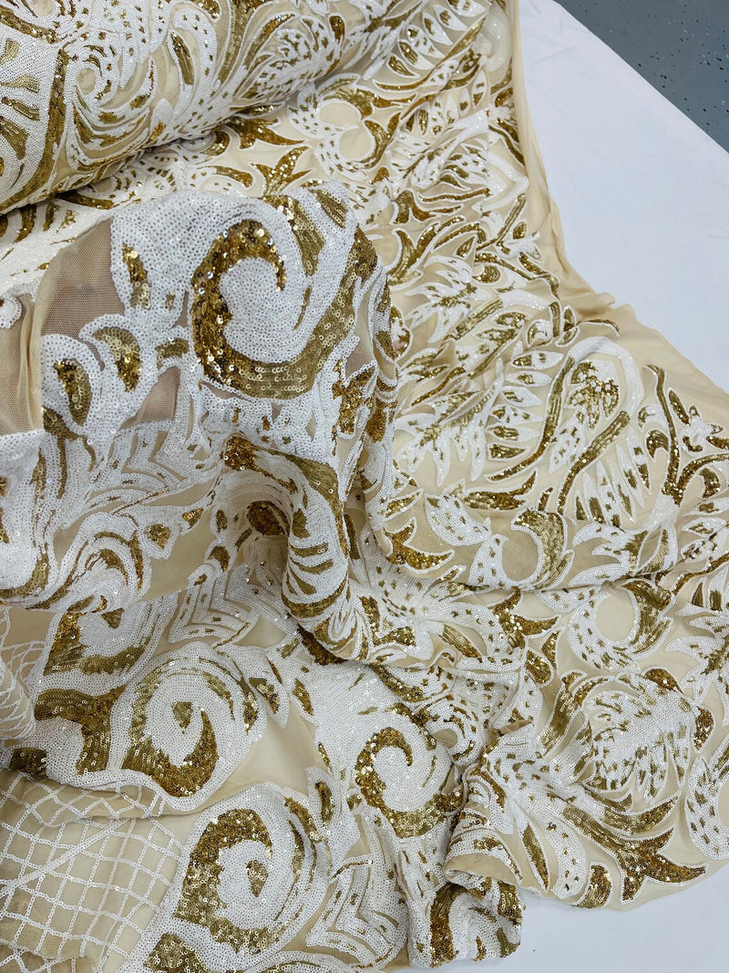 Open Heart Damask Design - White / Gold - 4 Way Stretch Sequins Embroidered Fabric By Yard