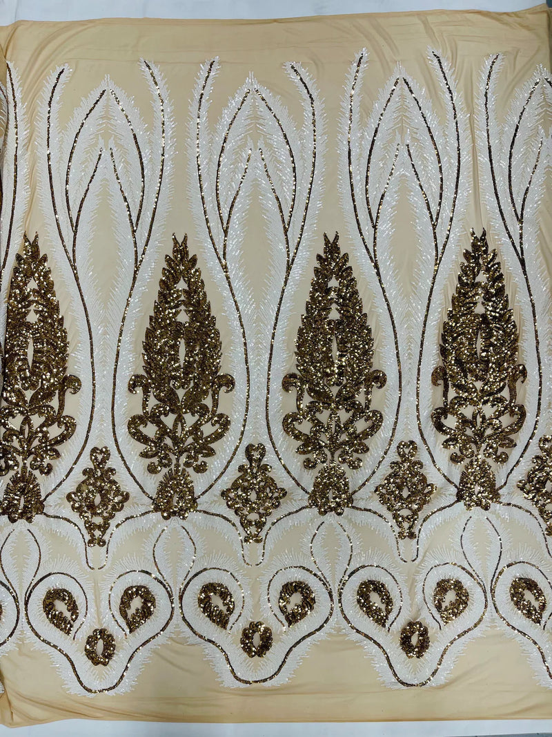 Damask Palm Leaf Design - White / Gold on Nude - 4 Way Stretch Sequin Fabric on Mesh Sold By Yard