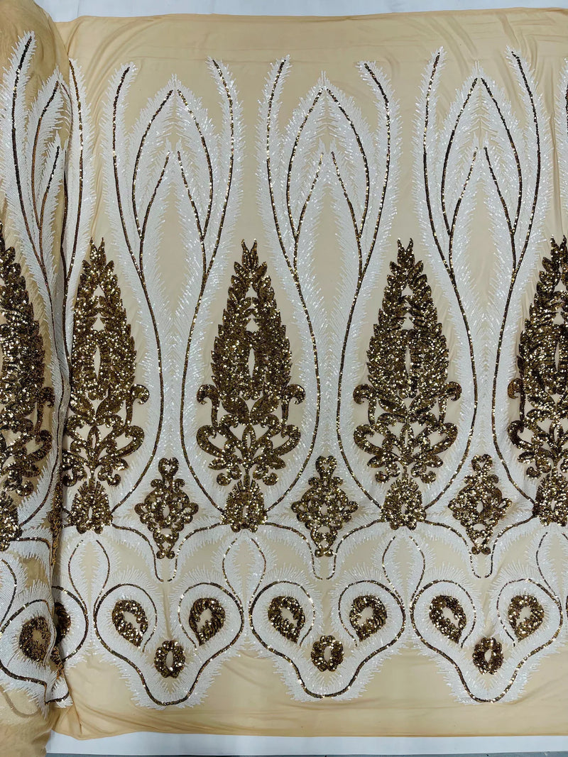 Damask Palm Leaf Design - White / Gold on Nude - 4 Way Stretch Sequin Fabric on Mesh Sold By Yard