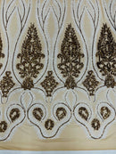 Damask Palm Leaf Design - White / Gold on Nude - 4 Way Stretch Sequin Fabric on Mesh Sold By Yard