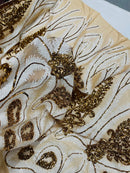 Damask Palm Leaf Design - White / Gold on Nude - 4 Way Stretch Sequin Fabric on Mesh Sold By Yard