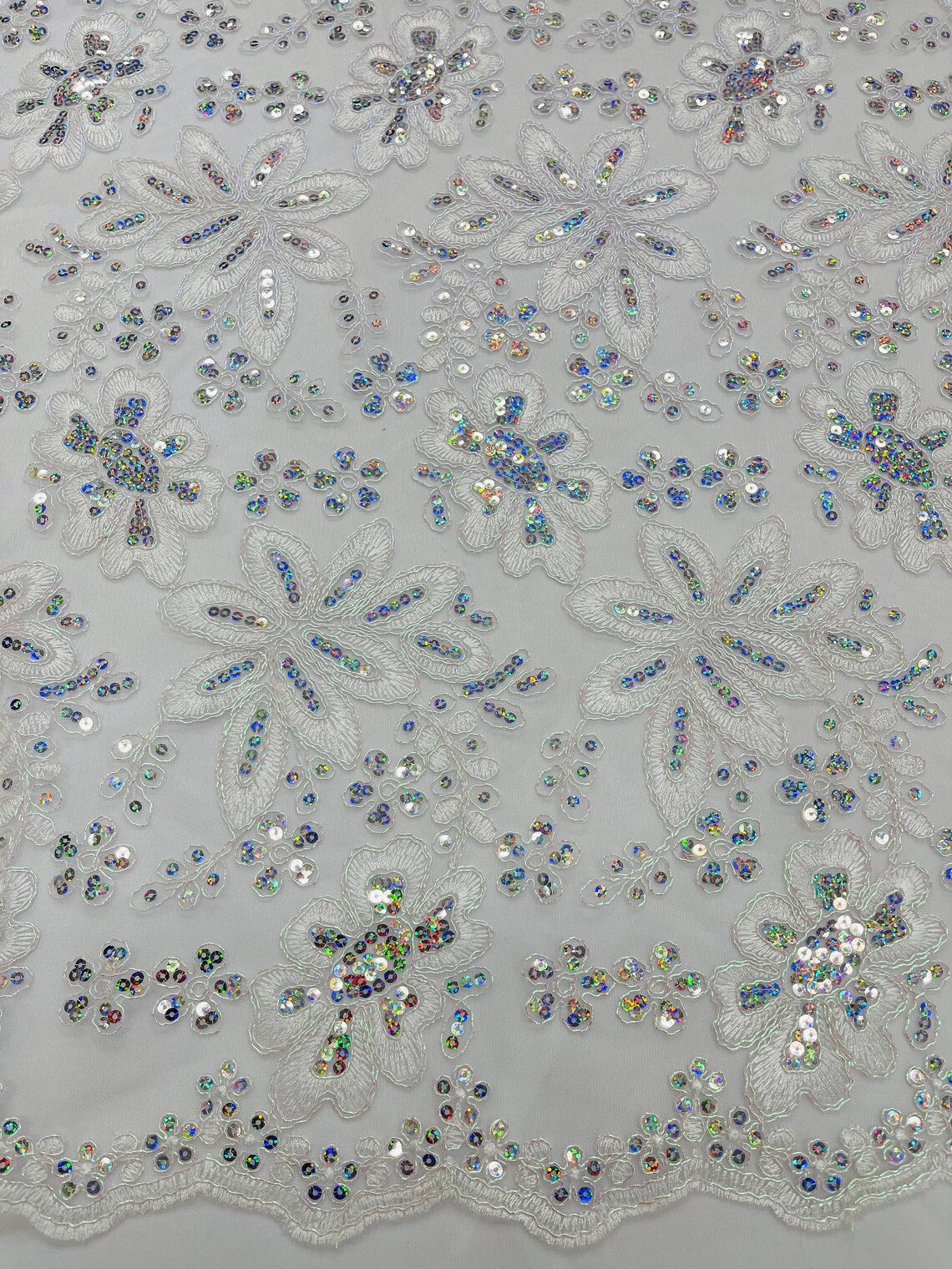 Corded Lace Floral Fabric - White / Pink - Hologram Sequins Metallic Thread Floral Fabric by Yard