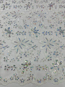 Corded Lace Floral Fabric - White / Pink - Hologram Sequins Metallic Thread Floral Fabric by Yard