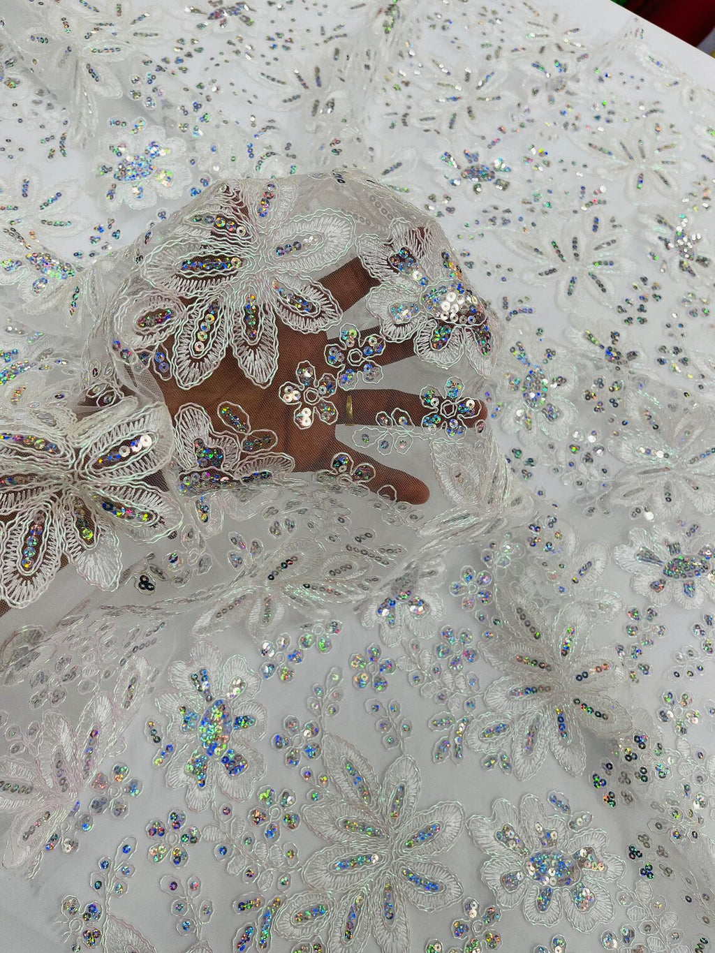 Corded Lace Floral Fabric - White / Pink - Hologram Sequins Metallic Thread Floral Fabric by Yard