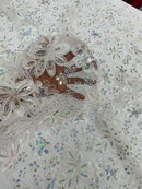 Corded Lace Floral Fabric - White / Pink - Hologram Sequins Metallic Thread Floral Fabric by Yard
