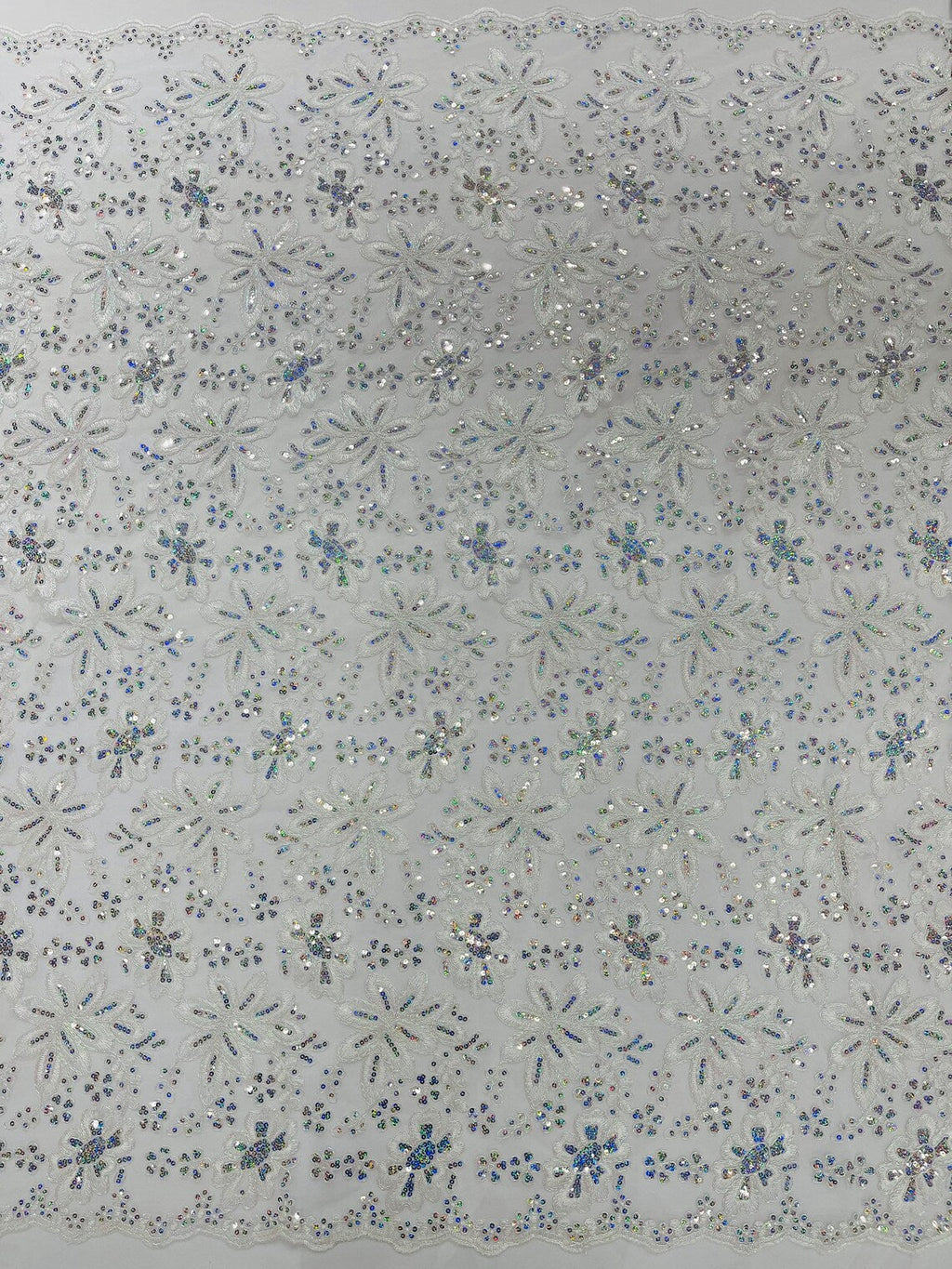Corded Lace Floral Fabric - White / Pink - Hologram Sequins Metallic Thread Floral Fabric by Yard