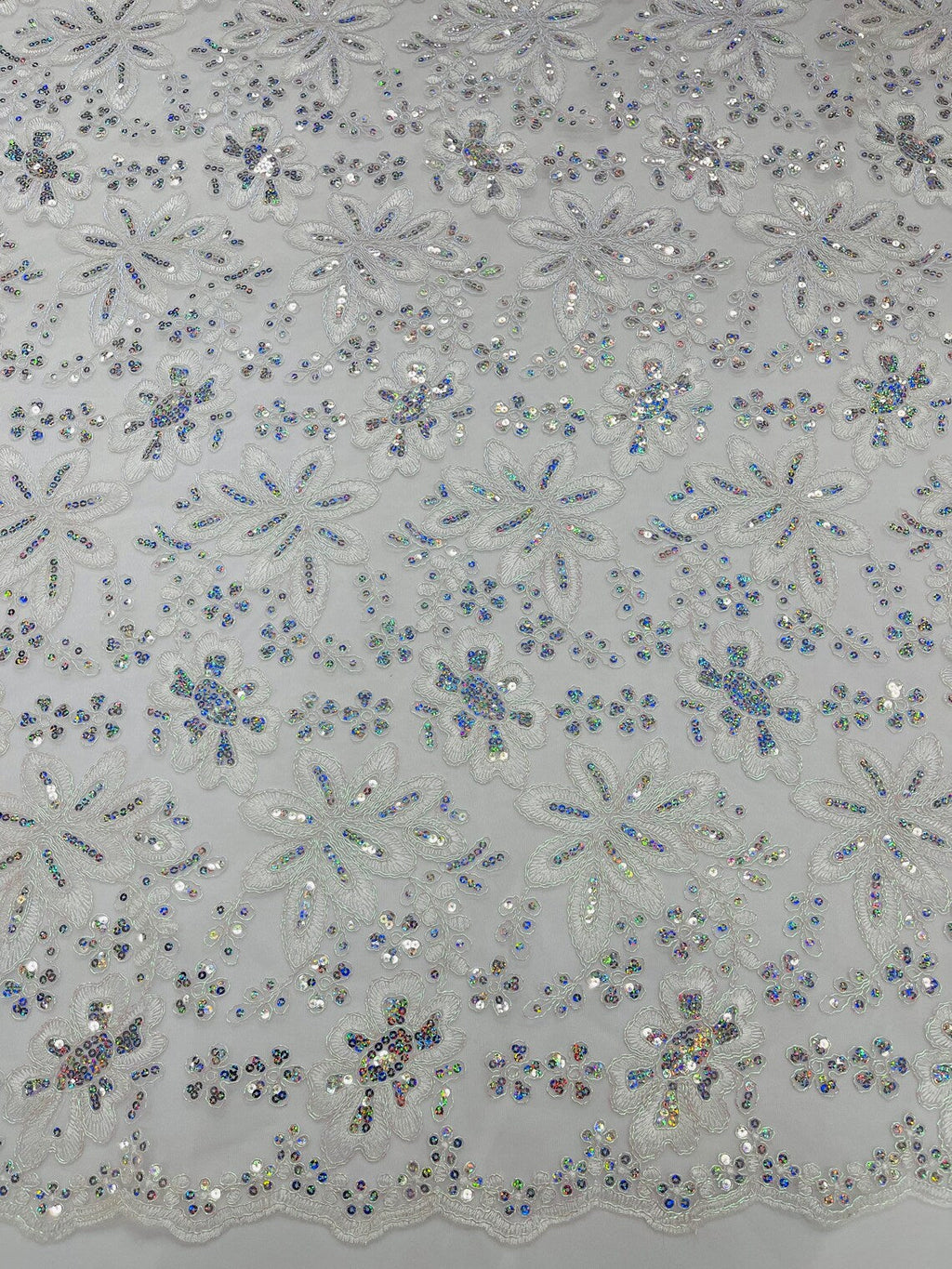 Corded Lace Floral Fabric - White / Pink - Hologram Sequins Metallic Thread Floral Fabric by Yard