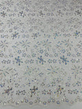 Corded Lace Floral Fabric - White / Pink - Hologram Sequins Metallic Thread Floral Fabric by Yard
