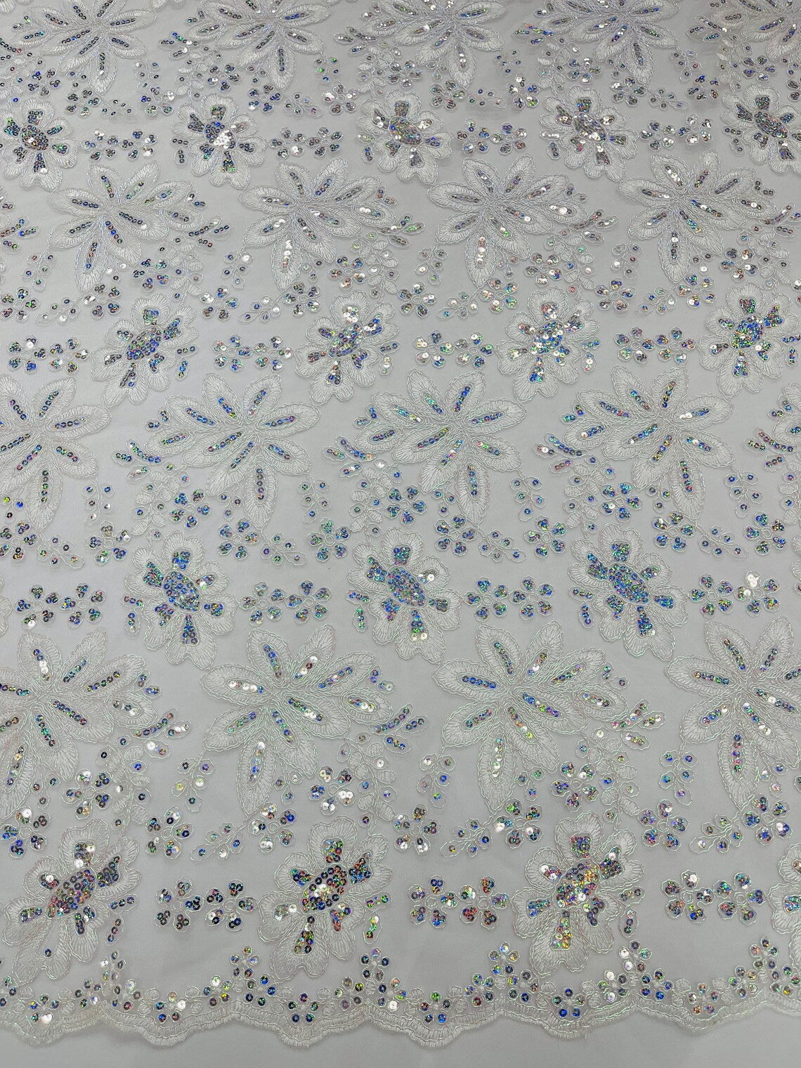 Corded Lace Floral Fabric - White / Pink - Hologram Sequins Metallic Thread Floral Fabric by Yard