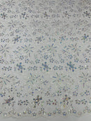 Corded Lace Floral Fabric - White / Pink - Hologram Sequins Metallic Thread Floral Fabric by Yard