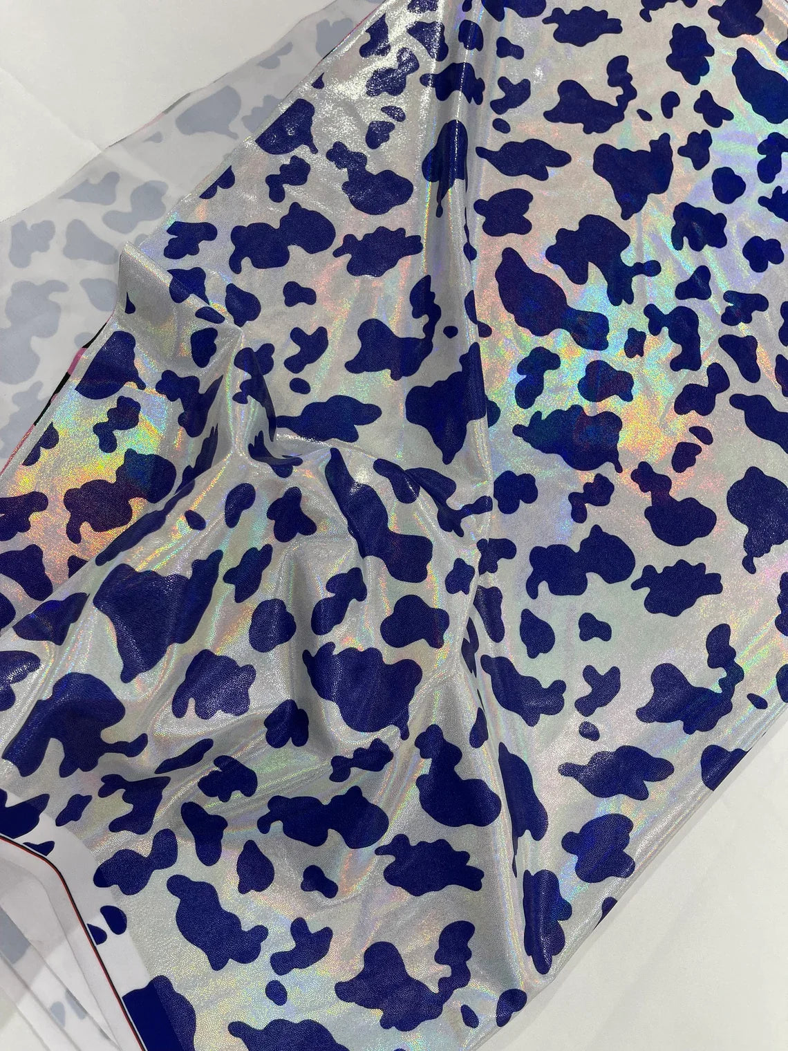 Cow Print Design Spandex - Purple on White Iridescent - Poly Spandex 4 Way Stretch Fabric By Yard